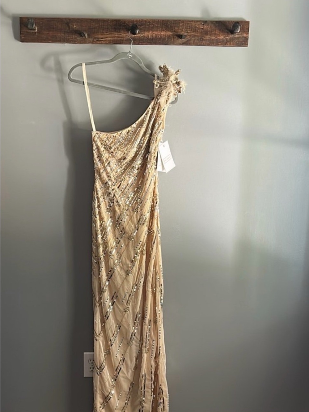 Mac Duggal One-Shoulder Sequin Gown in Champagne Gold